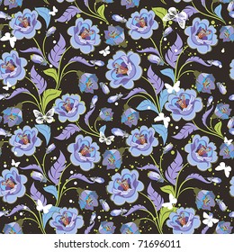 Elegante Nahtlose Farbviolettsmuster auf schwarzem Hintergrund, Vektorgrafik mit Schmetterlingen