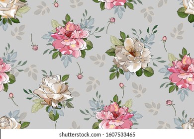 Elegance seamless floral pattern with flowers white and pink rose and green leaves on gray background. Hand drawn. For textile, wallpapers, print. Watercolor style. Vector stock illustration.