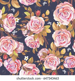 Elegance seamless floral pattern with pink roses. Wallpaper with leaves, flowers and butterfly. Vintage decorative template for congratulation design, vector illustration