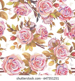 Elegance seamless floral pattern with pink roses. Wallpaper with leaves, flowers and butterfly. Vintage decorative template for congratulation design, vector illustration