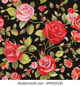 优雅无缝花卉图案与粉红玫瑰 壁纸与叶子和鲜花 祝贺设计的复古装饰模板 矢量插图库存矢量图 免版税