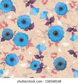 Elegance Seamless Floral Pattern With Stylish Blooming Flowers, vector illustration with butterflies