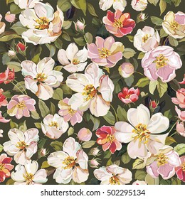 Elegance seamless flowers pattern with Watercolor cherry branch