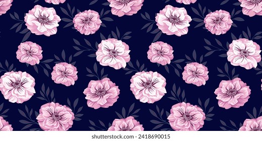 Elegance seamless pattern with artistic flowers and tiny leaves branches. Blossoms purple stylized floral  Ranunculus, Trollius Asiatic us flower on a dark background. Vector drawn illustration.