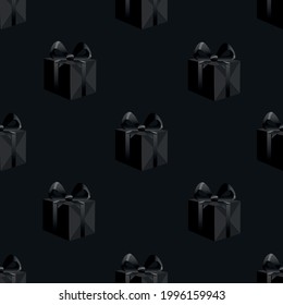 Elegance seamless pattern with black 3d gift box on dark background. For cristmas, birthday, men's month, black friday, halloween, father's day. Vector illustration.