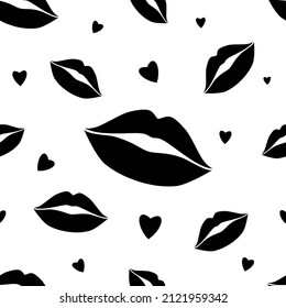 Elegance seamless pattern with black lips and heart on white background. Black and white style. For wrapping paper, package, cover, textile. Vector illustration.