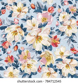 Elegance seamless pattern with blossoming apple tree. Watercolor cherry and Jasmine branch