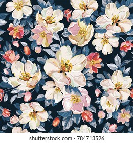 Elegance seamless pattern with blossoming apple tree. Watercolor cherry and Jasmine branch