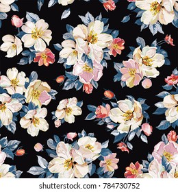 Elegance seamless pattern with blossoming apple tree. Watercolor cherry and Jasmine branch