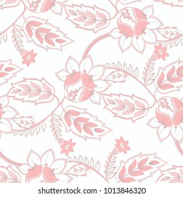 elegance seamless pattern with ethnic flowers and leaf, vector floral illustration in vintage style