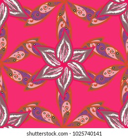 Elegance seamless pattern with ethnic flowers on pink, orange and purple colors. Vector Floral Illustration in asian textile.
