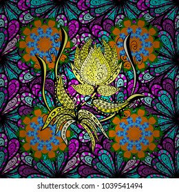 Elegance seamless pattern with ethnic flowers on black, blue and orange colors. Vector Floral Illustration in nice textile.