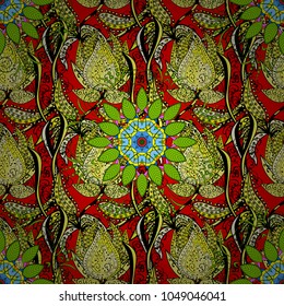 Elegance seamless pattern with ethnic flowers on black, yellow and red colors. Vector Floral Illustration in asian textile.