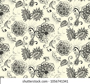 Elegance seamless pattern with ethnic flowers. Vector Floral Illustration in asian textile