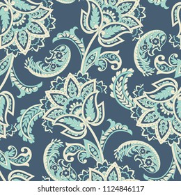 elegance seamless pattern with ethnic flowers and leaf, vector floral illustration in vintage style