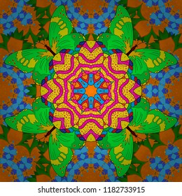 Elegance seamless pattern with ethnic flowers on green, orange and yellow colors. Vector Floral Illustration in asian textile.