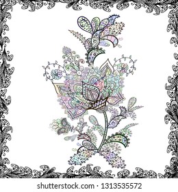 Elegance seamless pattern with ethnic flowers on white, black and neutral colors. Vector Floral Illustration in nice textile.