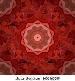 Elegance seamless pattern with ethnic flowers on red, pink and orange colors. Vector Floral Illustration in cute textile.