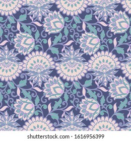 elegance seamless pattern with ethnic flowers and leaf, vector floral illustration in vintage style