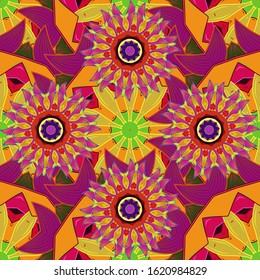 Elegance seamless pattern with ethnic flowers on purple, yellow and orange colors. Vector Floral Illustration in nice textile.