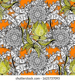 Elegance seamless pattern with ethnic flowers on orange, white and black colors. Vector Floral Illustration in asian textile.