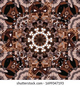 Elegantes, nahtloses Muster mit ethnischen Blumen auf schwarzen, neutralen und braunen Farben. Vektorillustration Blumenbemalung in süßem Textil.