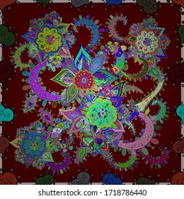 Elegance seamless pattern with ethnic flowers on green, red and blue colors. Vector Floral Illustration in nice textile.
