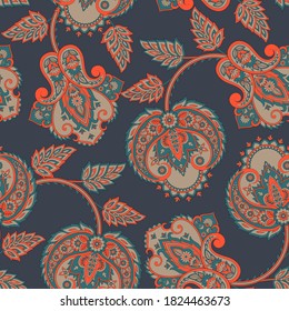 elegance seamless pattern with ethnic flowers and leaf, vector floral illustration in vintage style