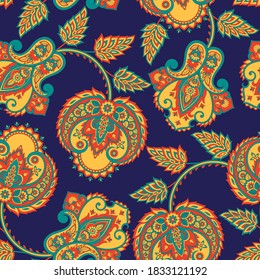 elegance seamless pattern with ethnic flowers and leaf, vector floral illustration in vintage style