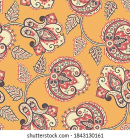elegance seamless pattern with ethnic flowers and leaf, vector floral illustration in vintage style