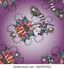 Elegancia sin fisuras con flores étnicas en colores negros, neutros y morados. Ilustración vectorial floral en buen tejido.