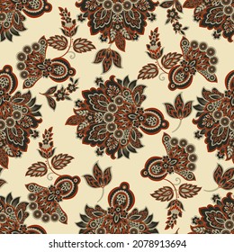 elegance seamless pattern with ethnic flowers and leaf, vector floral illustration in vintage style