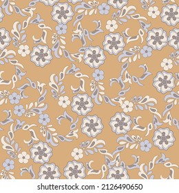 elegance seamless pattern with ethnic flowers and leaf, vector floral illustration in vintage style