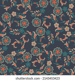 elegance seamless pattern with ethnic flowers and leaf, vector floral illustration in vintage style