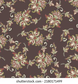 elegance seamless pattern with ethnic flowers and leaf, vector floral illustration in vintage style