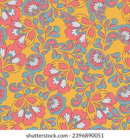 elegance seamless pattern with ethnic flowers and leaf, vector floral illustration in vintage style