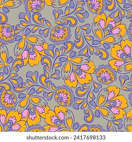 elegance seamless pattern with ethnic flowers and leaf, vector floral illustration in vintage style