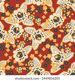 elegance seamless pattern with ethnic flowers and leaf, vector floral illustration in vintage style