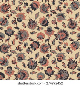 elegance seamless pattern with ethnic flowers, vector floral illustration in vintage style
