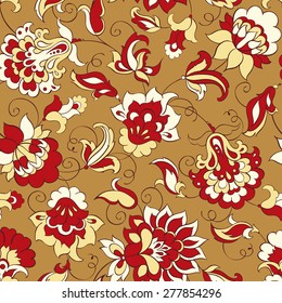 elegance seamless pattern with ethnic flowers, vector floral illustration in vintage style