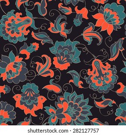 elegance seamless pattern with ethnic flowers, vector floral illustration in vintage style
