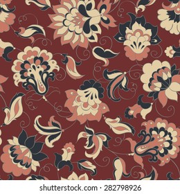 elegance seamless pattern with ethnic flowers, vector floral illustration in vintage style
