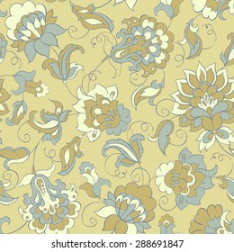 elegance seamless pattern with ethnic flowers, vector floral illustration in vintage style