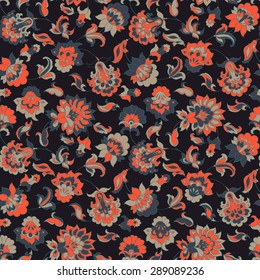 Elegance Seamless Pattern With Ethnic Flowers, Vector Floral Illustration In Vintage Style