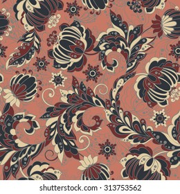 elegance seamless pattern with ethnic flowers, vector floral illustration in vintage style