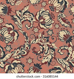 elegance seamless pattern with ethnic flowers, vector floral illustration in vintage style