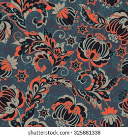 Elegance Seamless Pattern With Ethnic Flowers, Vector Floral Illustration In Vintage Style