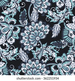 Elegance seamless pattern with ethnic flowers. Vector Floral Illustration in asian textile style