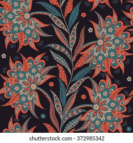 Elegance seamless pattern with ethnic flowers. Vector Floral Illustration in asian textile style