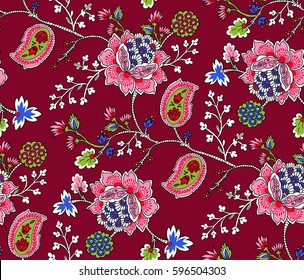 Elegance seamless pattern with ethnic flowers. Vector Floral Illustration in asian textile  